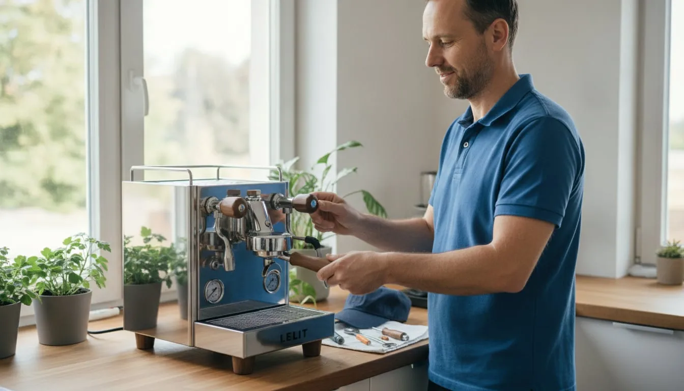 Lelit Bianca on a kitchen counter, technician beside it with the portafilter in hand — full figure, machine fully in frame; cap and tools on the counter