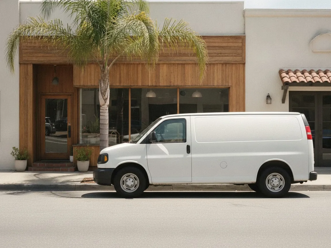White service van parked at the curb in front of a small cafe on a sunny Southern California street