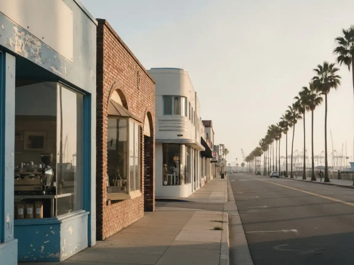 Long Beach: brick storefronts near the harbor, cranes in the distance, cafe window with an espresso machine visible