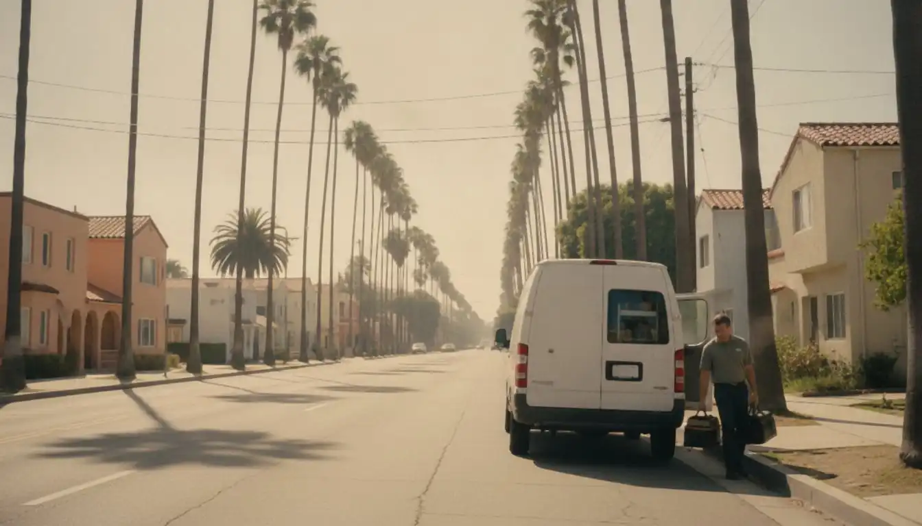 White service van parked on a palm-lined stucco street in Los Angeles, technician lifting a tool bag from the side door