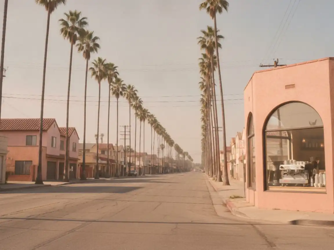 Los Angeles: palm-lined stucco street, cafe window with an espresso machine visible