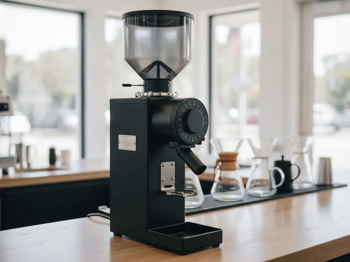 Mahlkönig shop and filter grinder seen at a three-quarter angle on a counter, nobody in frame