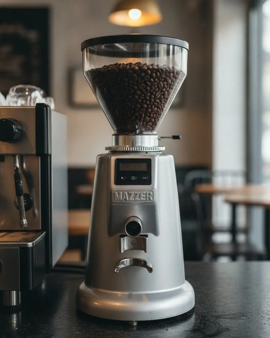 Silver-grey Mazzer espresso grinder with a conical bean hopper, adjustment collar, display and portafilter fork, on a cafe counter