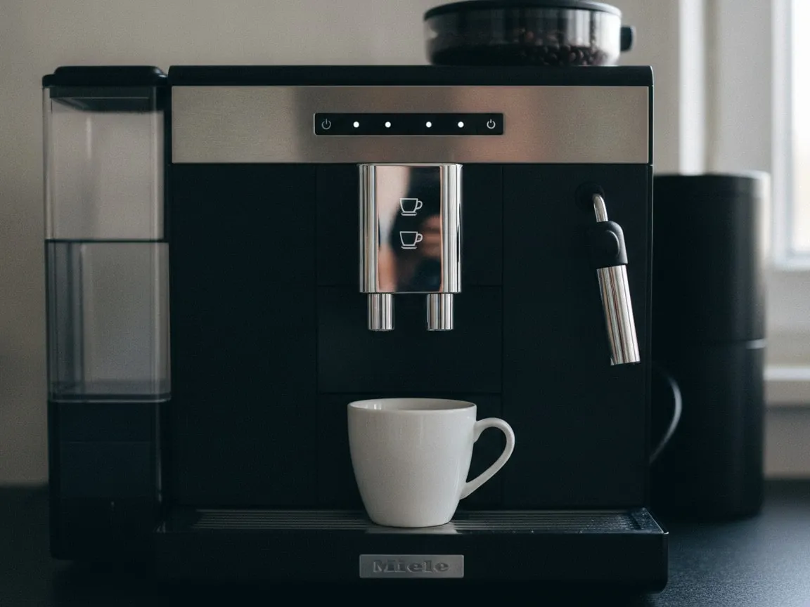 Close view of the twin coffee spouts and the row of touch controls on a black countertop coffee machine, white cup on the drip tray below