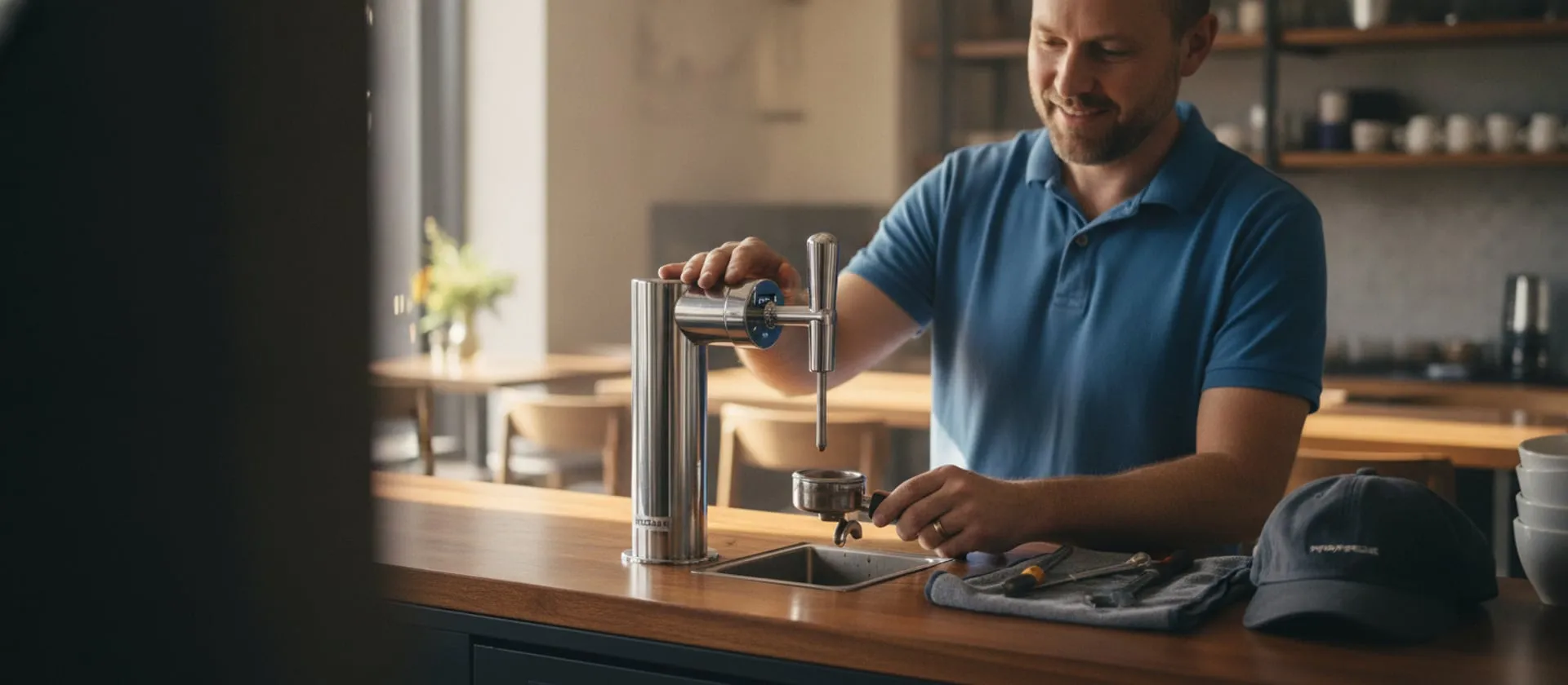 Modbar tap on a wooden cafe counter, technician with one hand on the tap and a portafilter in the other; cap and tools on the counter