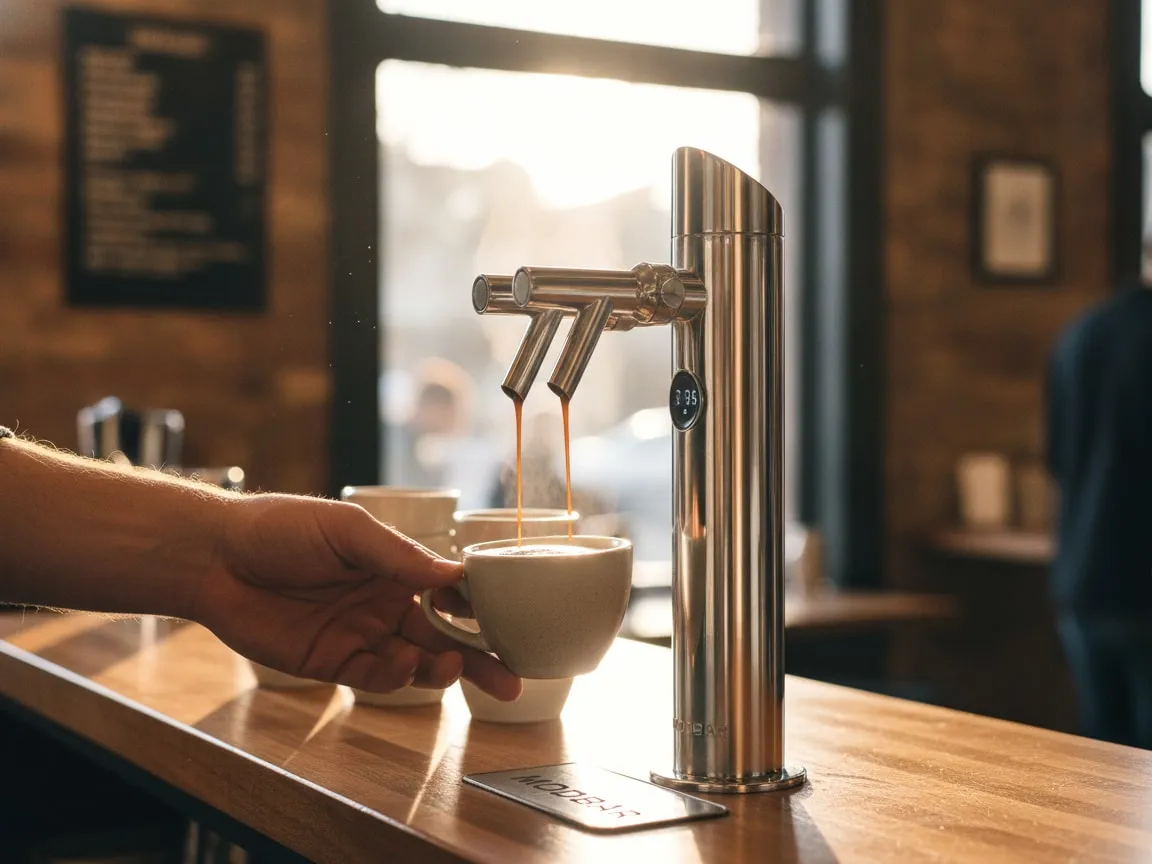 Hand holding a cup under the spout of a Modbar Espresso AV, coffee pouring