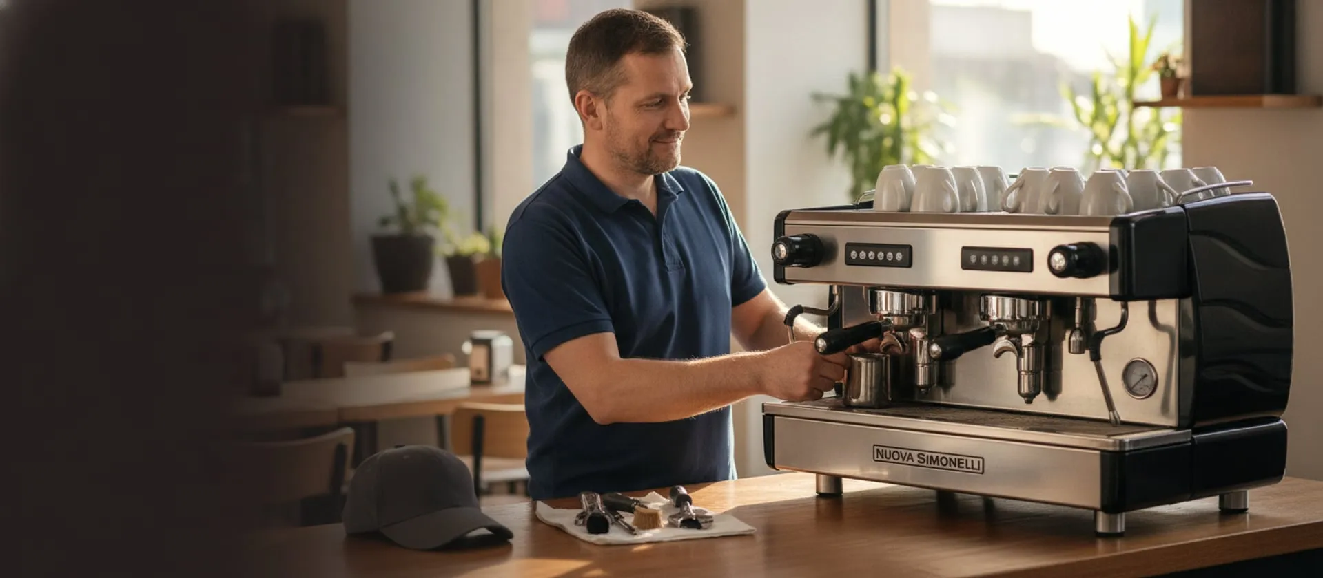 Nuova Simonelli Aurelia on a cafe bar, technician at the group; cap and tools on the counter