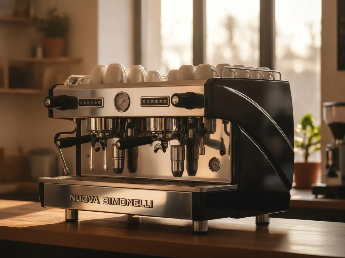 Nuova Simonelli Aurelia Wave alone on a cafe bar, three-quarter view from the left, backlit by a window