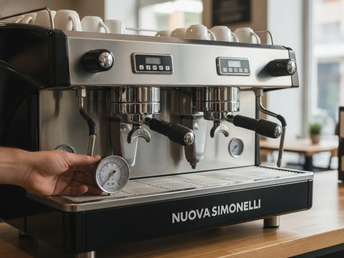 Hand holding a pressure gauge at the group of a Nuova Simonelli Aurelia Wave, needle visible
