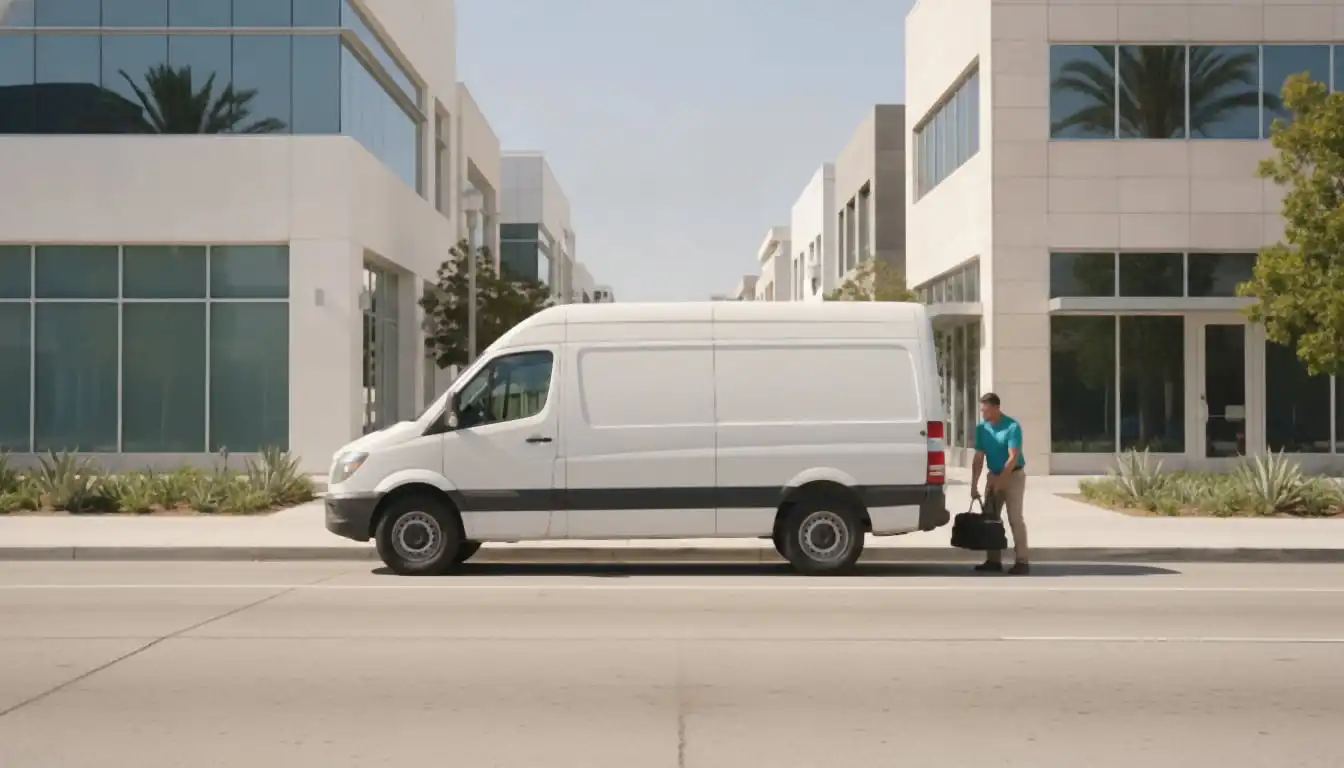 White service van parked on a glass-and-stone office boulevard in Irvine in Orange County, technician lifting a tool bag from the side door