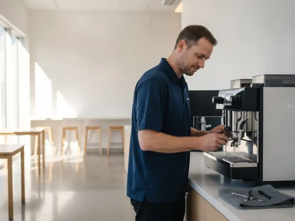 Technician at a super-automatic coffee machine in a bright glass-walled office break area in Irvine, Orange County