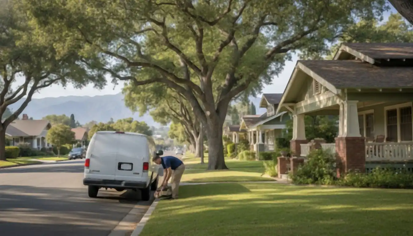 White service van parked on a oak-shaded street of Craftsman bungalows in Pasadena, technician lifting a tool bag from the side door
