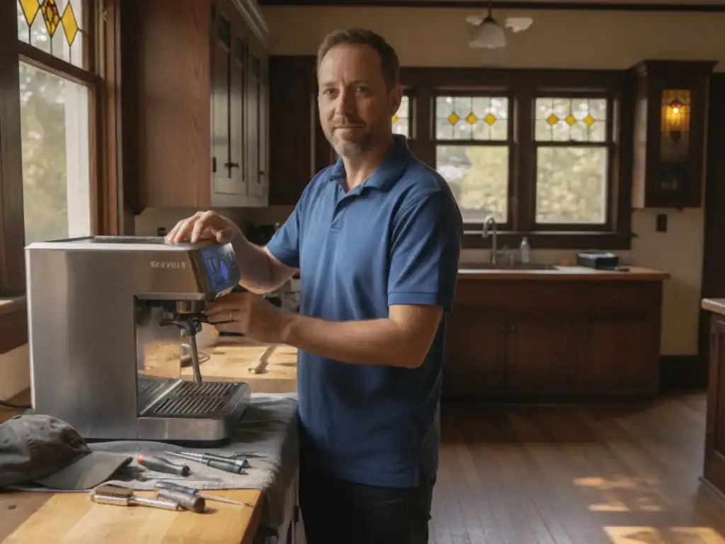 Technician working at an espresso machine in a Craftsman kitchen with dark wood trim in Pasadena