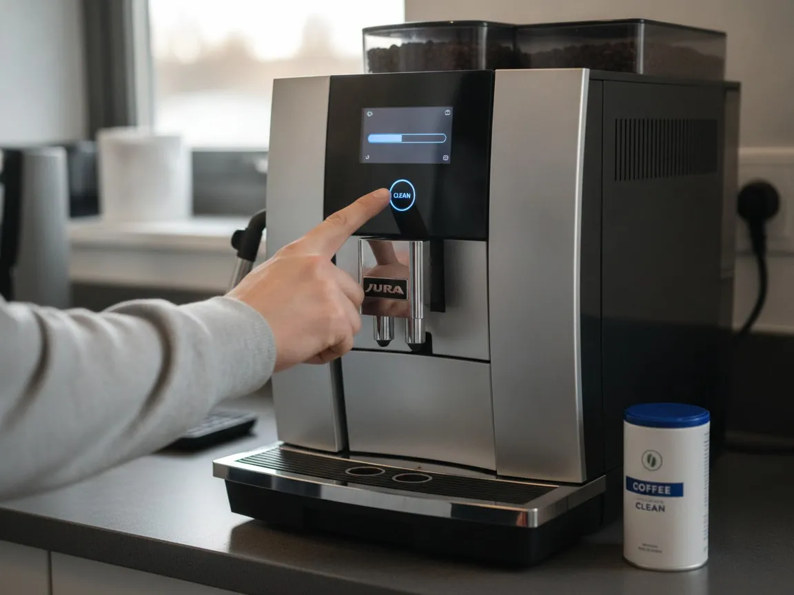 Finger pressing the cleaning-cycle button on the lit display of a super-automatic coffee machine, cleaning tablets beside it