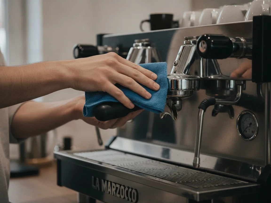 Hand wiping the steam wand of an espresso machine with a microfibre cloth