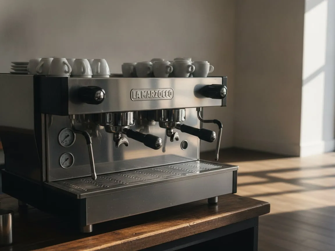 Two-group commercial espresso machine on a cafe bar after service, polished stainless steel, cups on the warming tray
