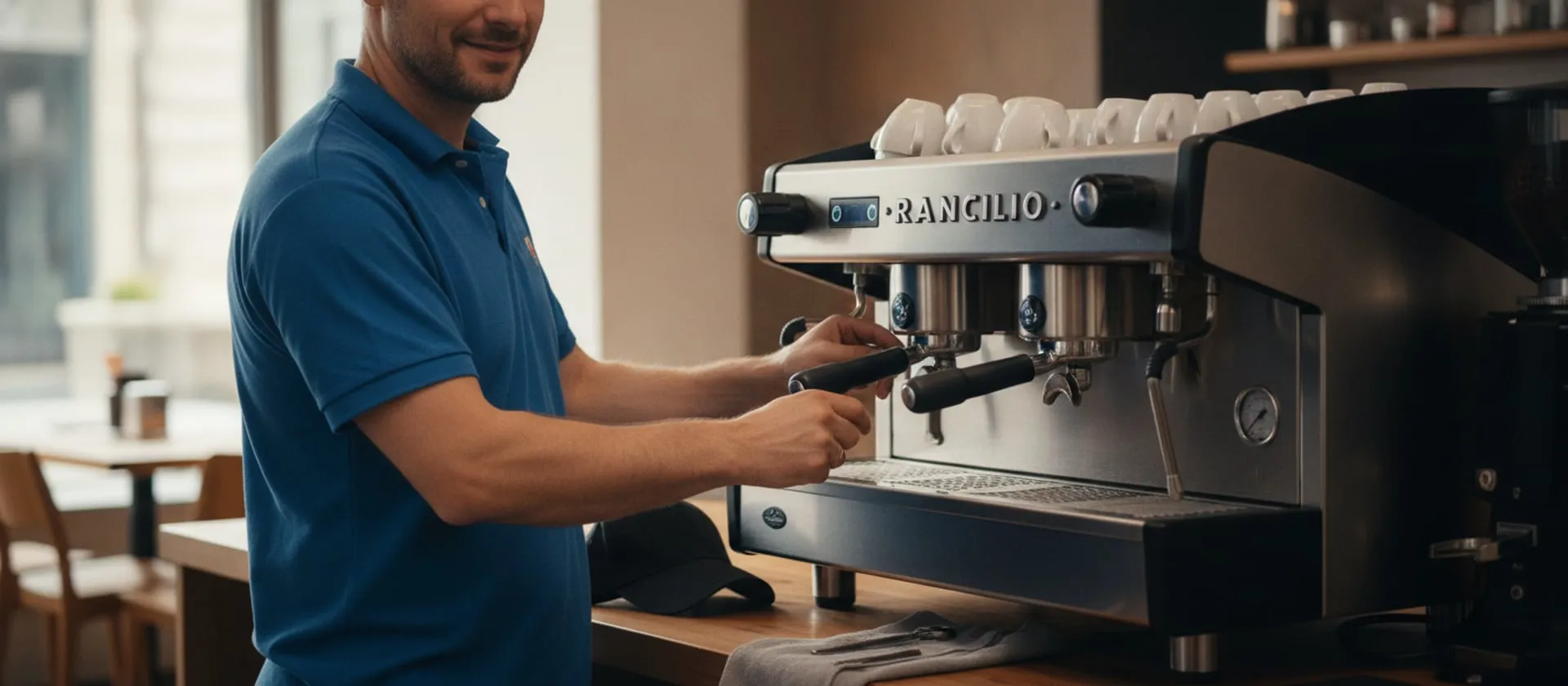 Rancilio Classe 9 on a cafe bar, technician at the group; cap and tools on the counter