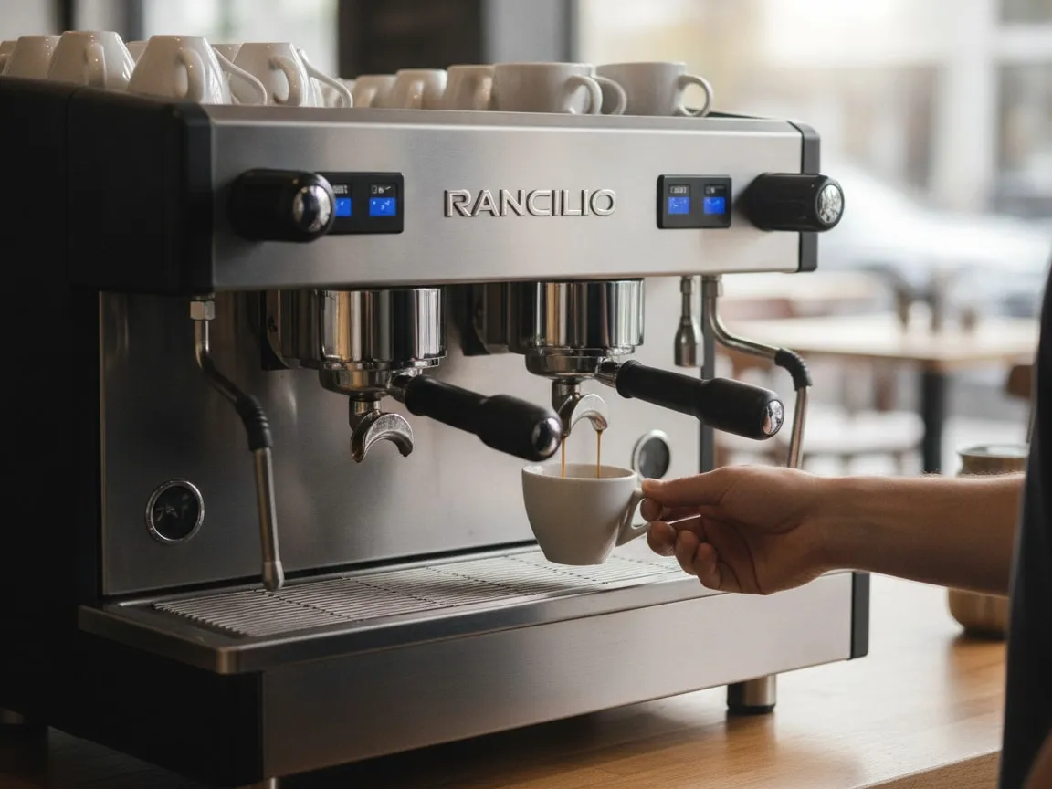 Hand holding a cup under the spout of a Rancilio Classe 9, coffee pouring