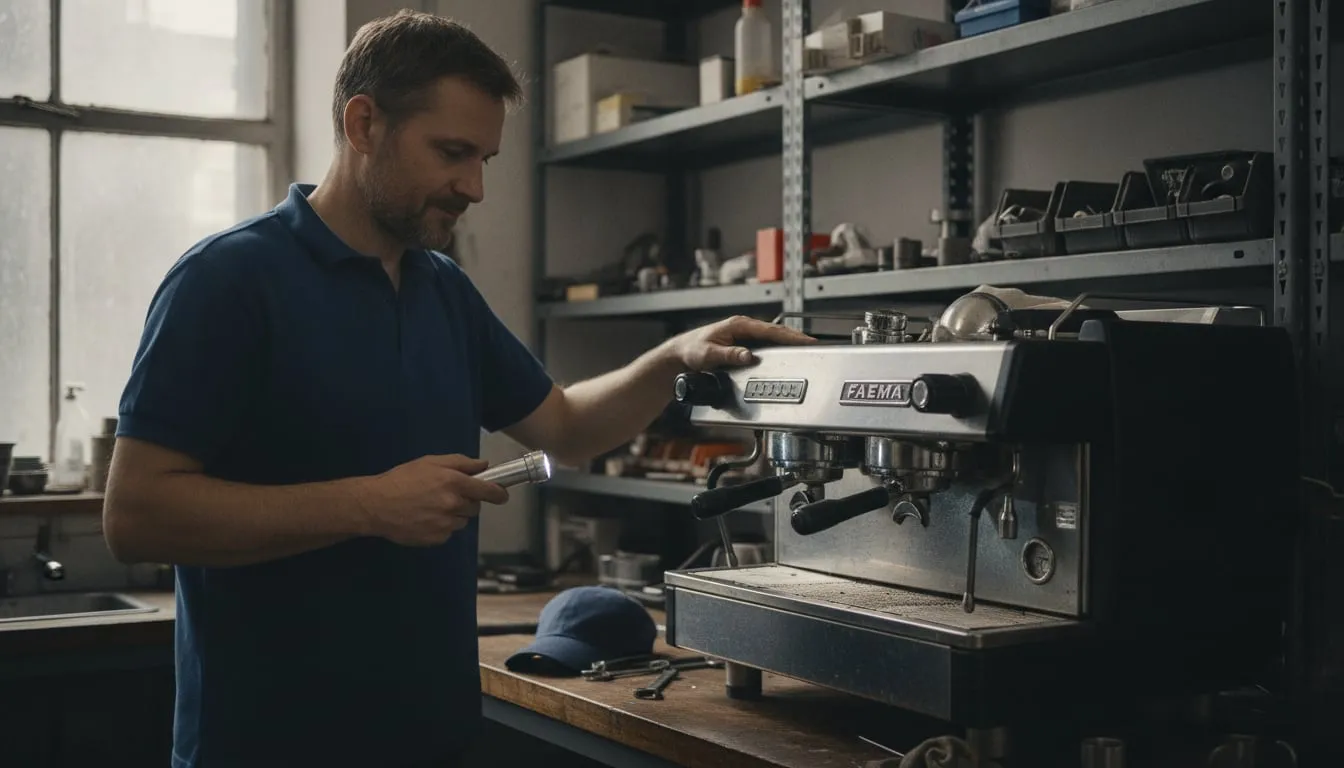 Technician at a workshop bench inspecting an older dull two-group commercial espresso machine with a flashlight