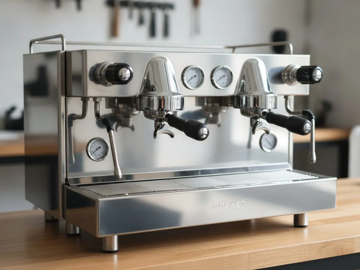 Fully restored two-group commercial espresso machine on a clean workshop bench, mirror-polished, new portafilter handles