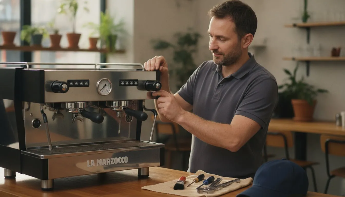 Technician at a two-group commercial espresso machine on a cafe bar, one hand on the portafilter, the other on the steam knob, reading the gauge