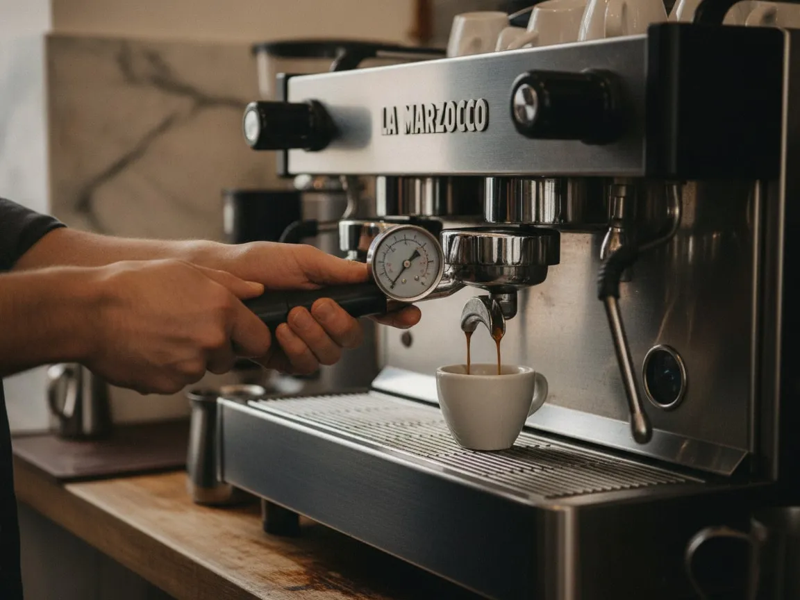 Hands holding a portafilter pressure gauge in the group of an espresso machine, espresso dripping into a cup