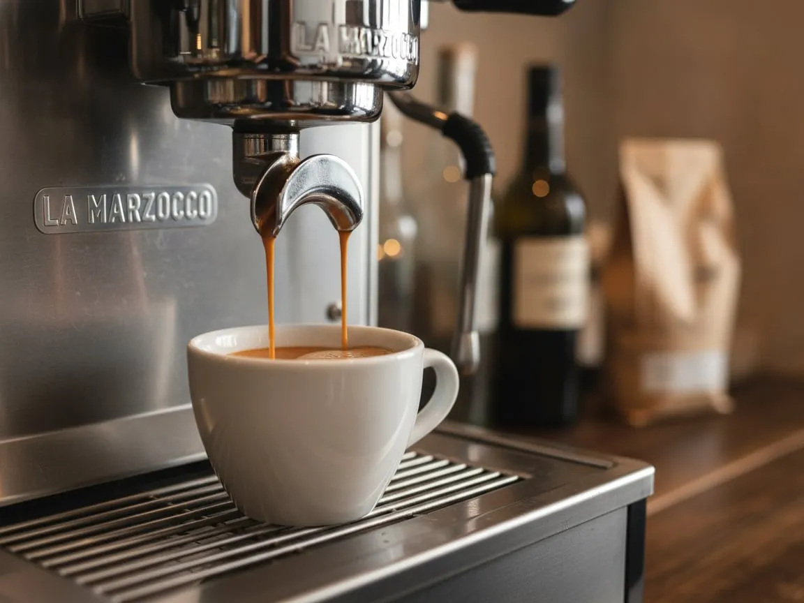 White cup under the group of an espresso machine, espresso pouring in an even stream, crema forming