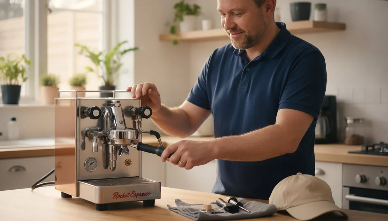 Rocket Appartamento on a kitchen counter, technician beside it with the portafilter in hand — full figure, machine fully in frame; cap and tools on the counter