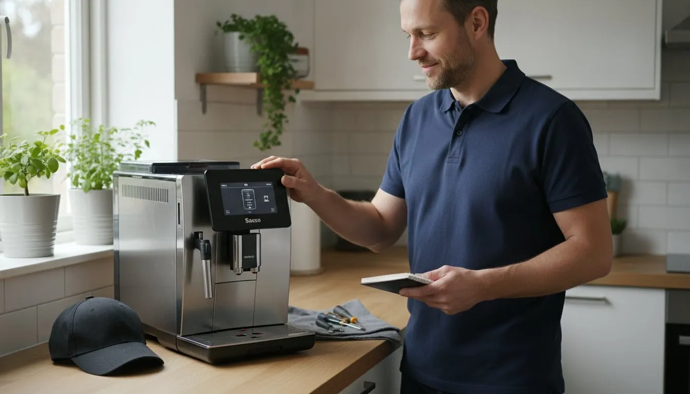 Saeco Xelsis on a kitchen counter, technician beside it at the display — full figure, machine fully in frame; cap and tools on the counter