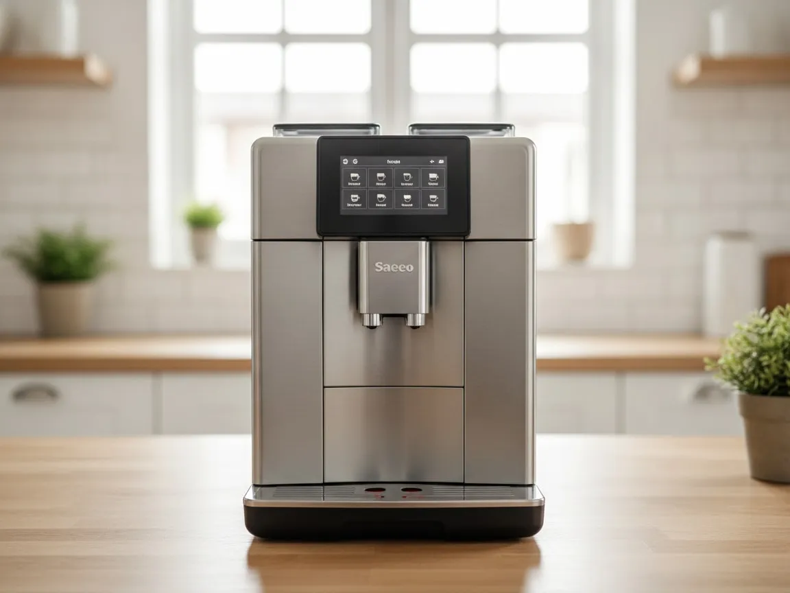 Saeco Xelsis alone on a kitchen counter, straight-on frontal view, even light