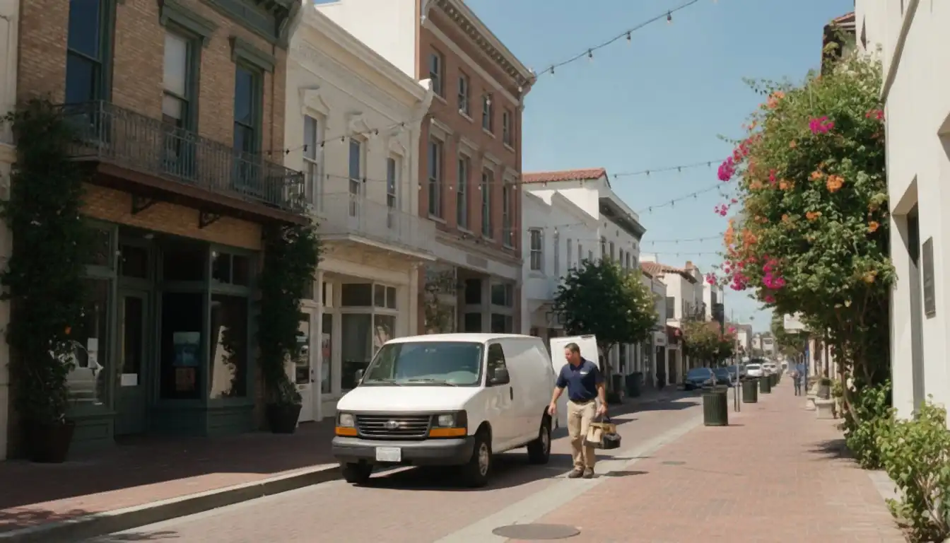 White service van parked on a Victorian brick block with string lights, bougainvillea in San Diego, technician lifting a tool bag from the side door