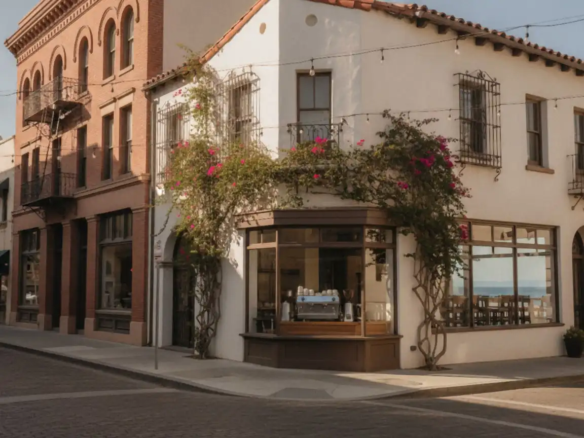 San Diego: Victorian brick block with string lights, bougainvillea, cafe window with an espresso machine visible