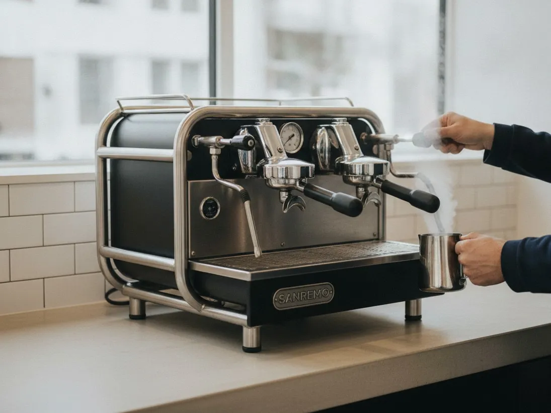 Hands at a Sanremo espresso machine: one hand on the steam lever, the other holding a steel pitcher under the wand