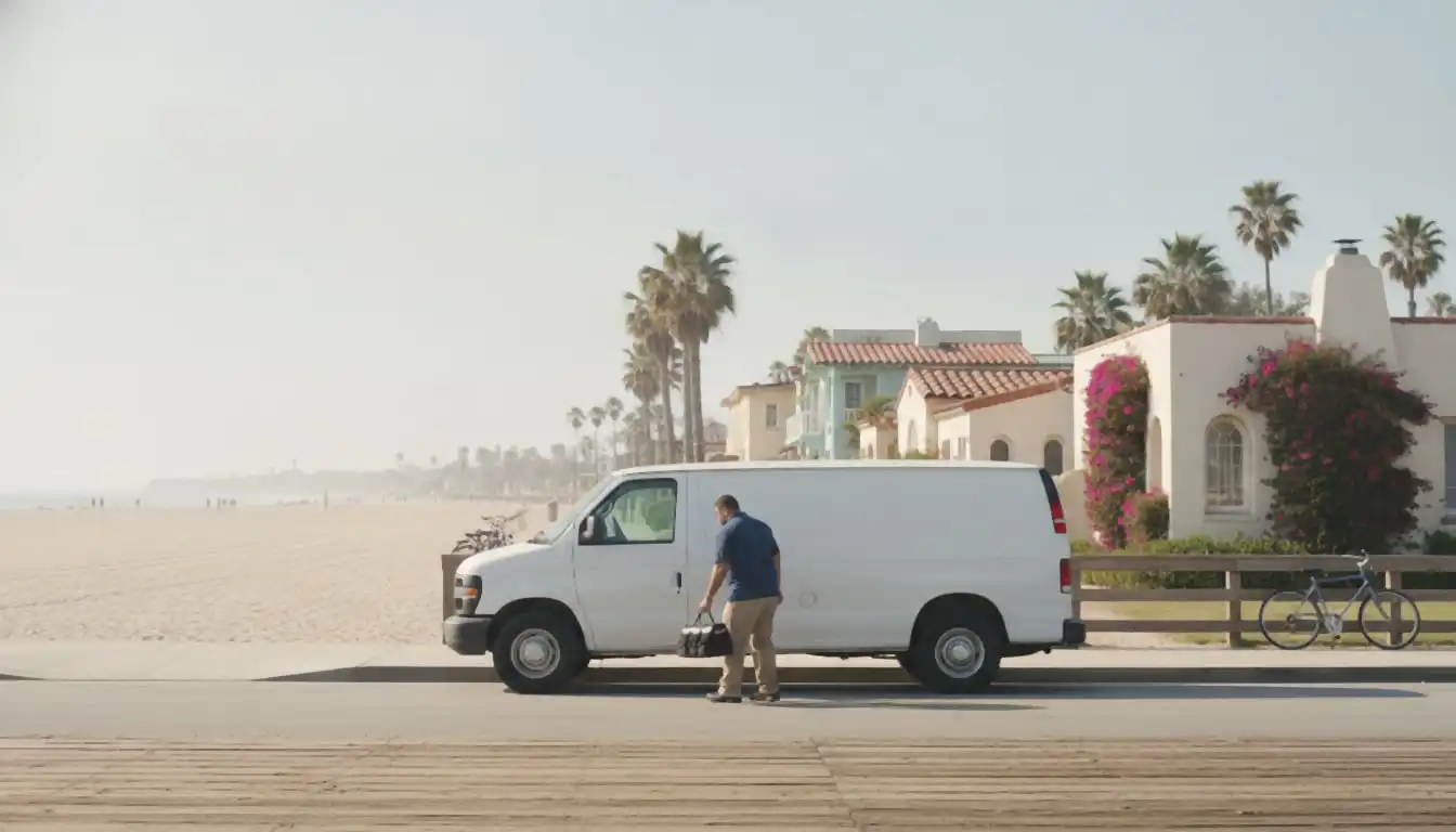 White service van at the curb between the beach and pastel bungalows in Santa Monica, technician lifting a tool bag