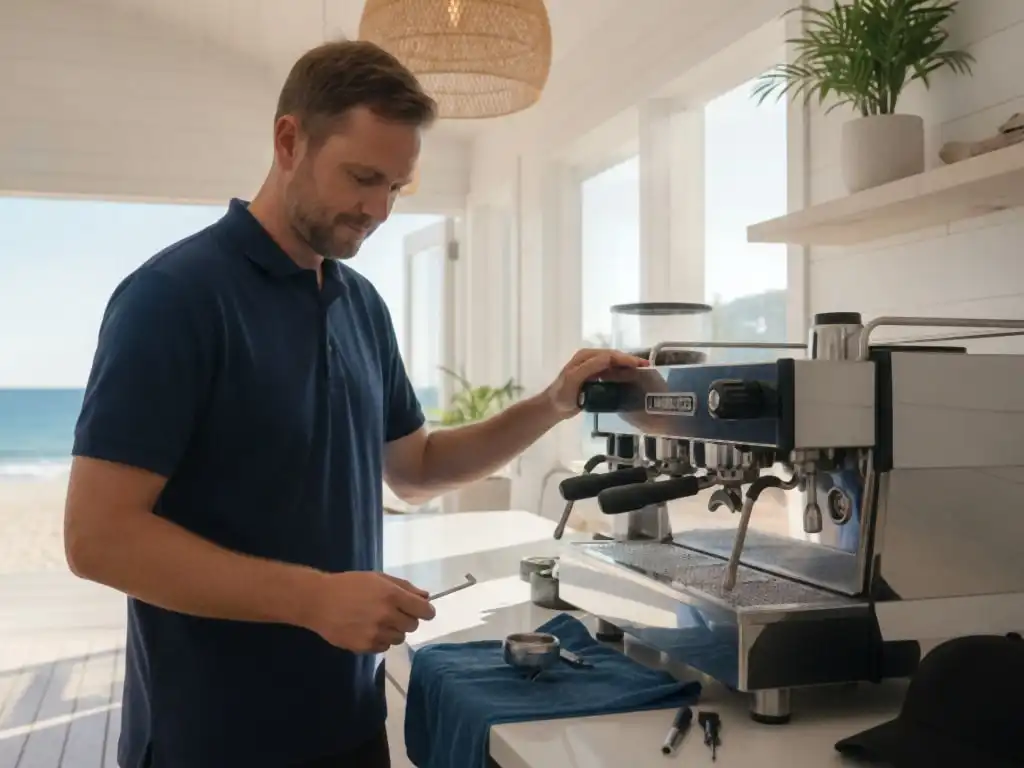 Technician working at an espresso machine in a bright beach-side cafe in Santa Monica