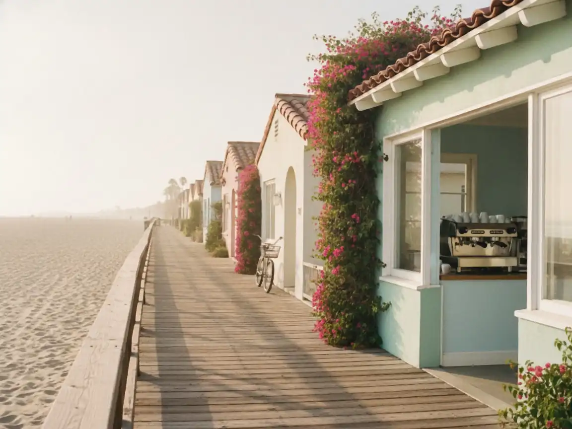 Santa Monica: pastel bungalows a block from the beach, cafe window with an espresso machine visible