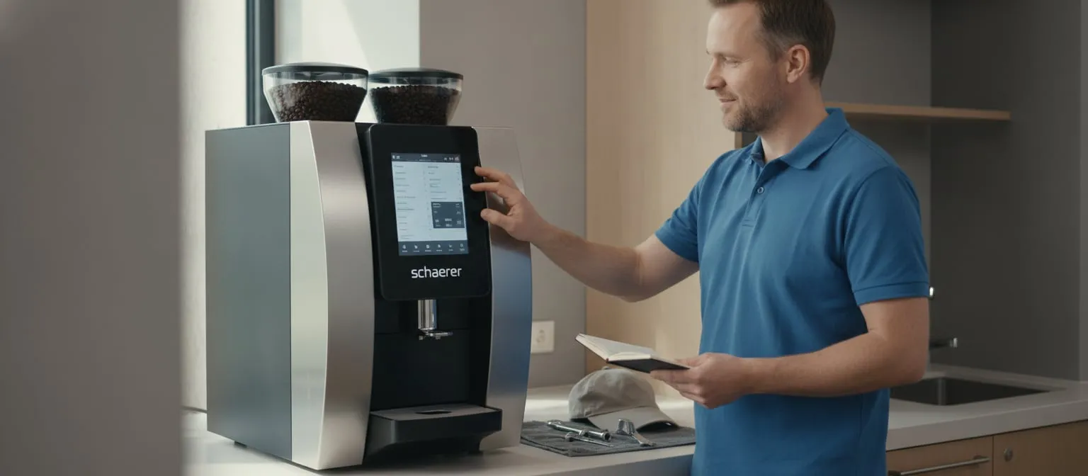 Schaerer Coffee Art Plus at an office coffee station, technician at the touchscreen; cap and tools on the counter