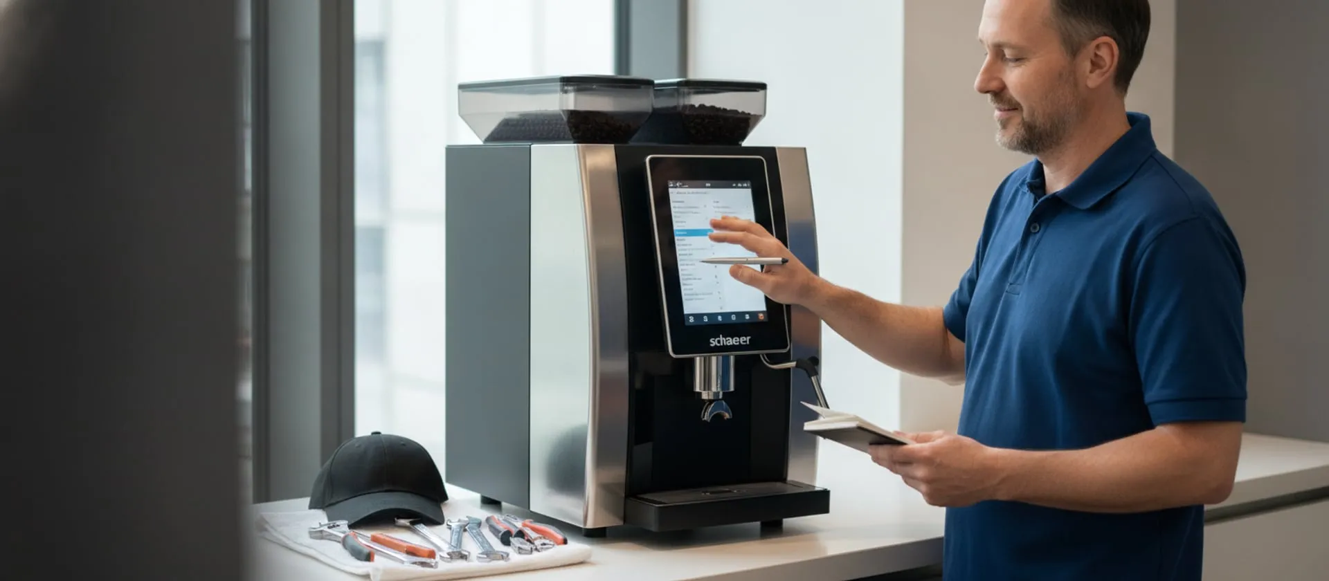 Schaerer Coffee Art Plus at an office coffee station, technician at the touchscreen; cap and tools on the counter