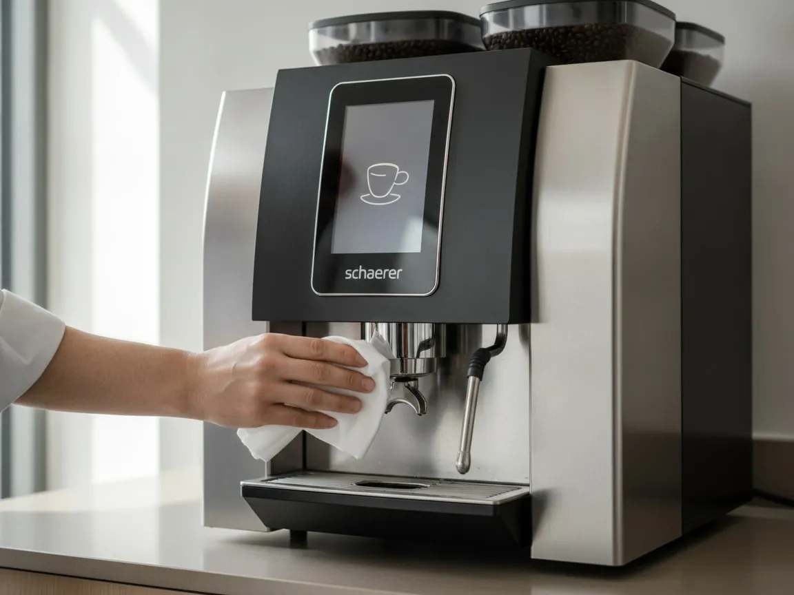 Hand wiping the steam wand of a Schaerer Coffee Art Plus with a cloth