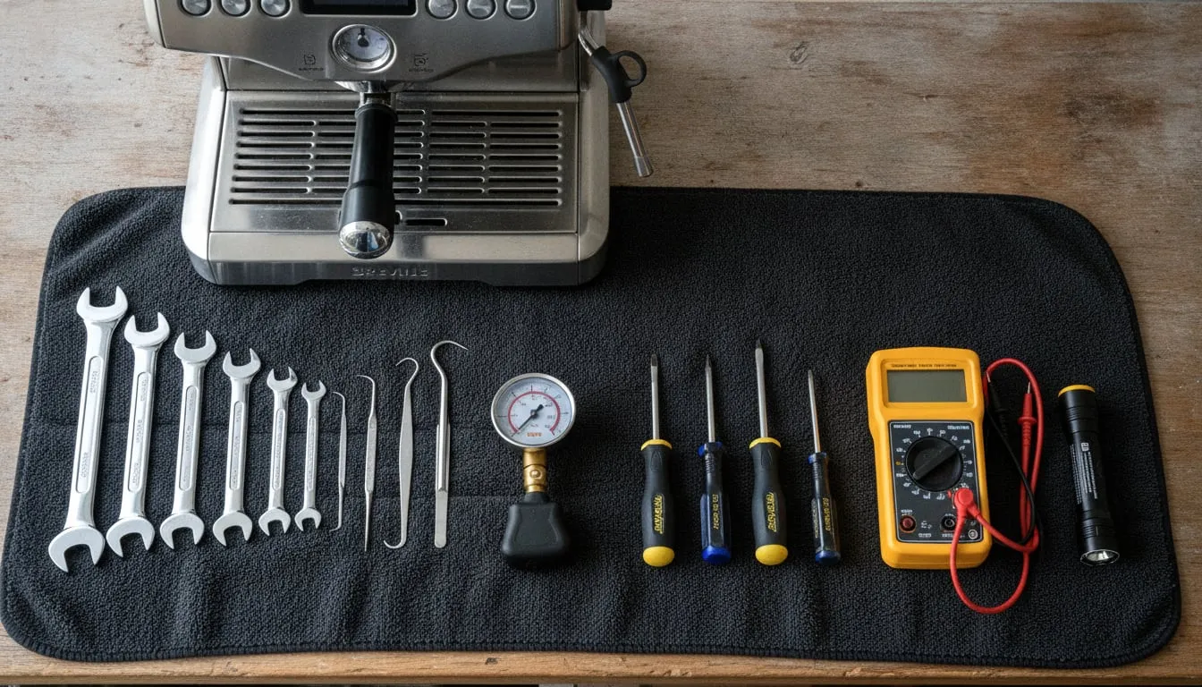 Technician’s workbench from above: tools laid out on a dark towel, espresso machine at the edge of the frame
