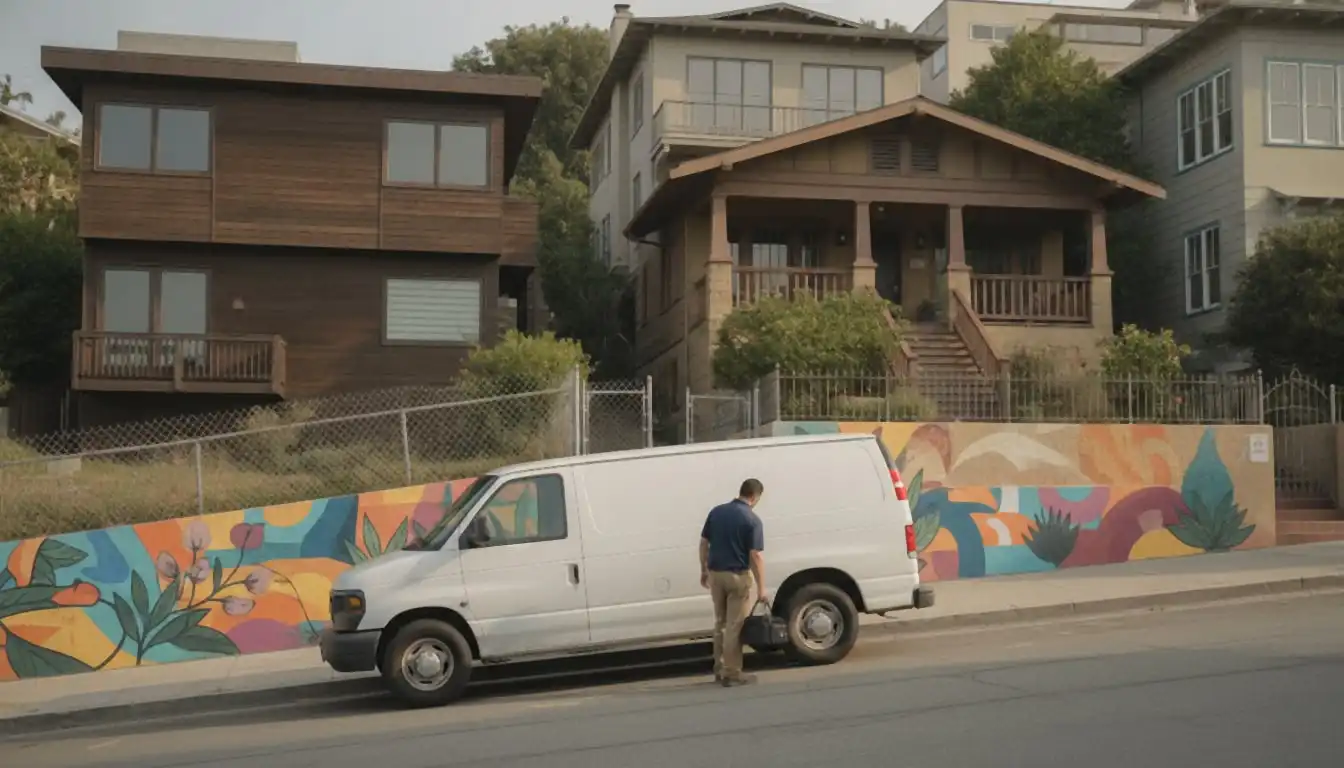 White service van parked on a hillside street of mid-century and Craftsman houses in Silver Lake, technician lifting a tool bag from the side door