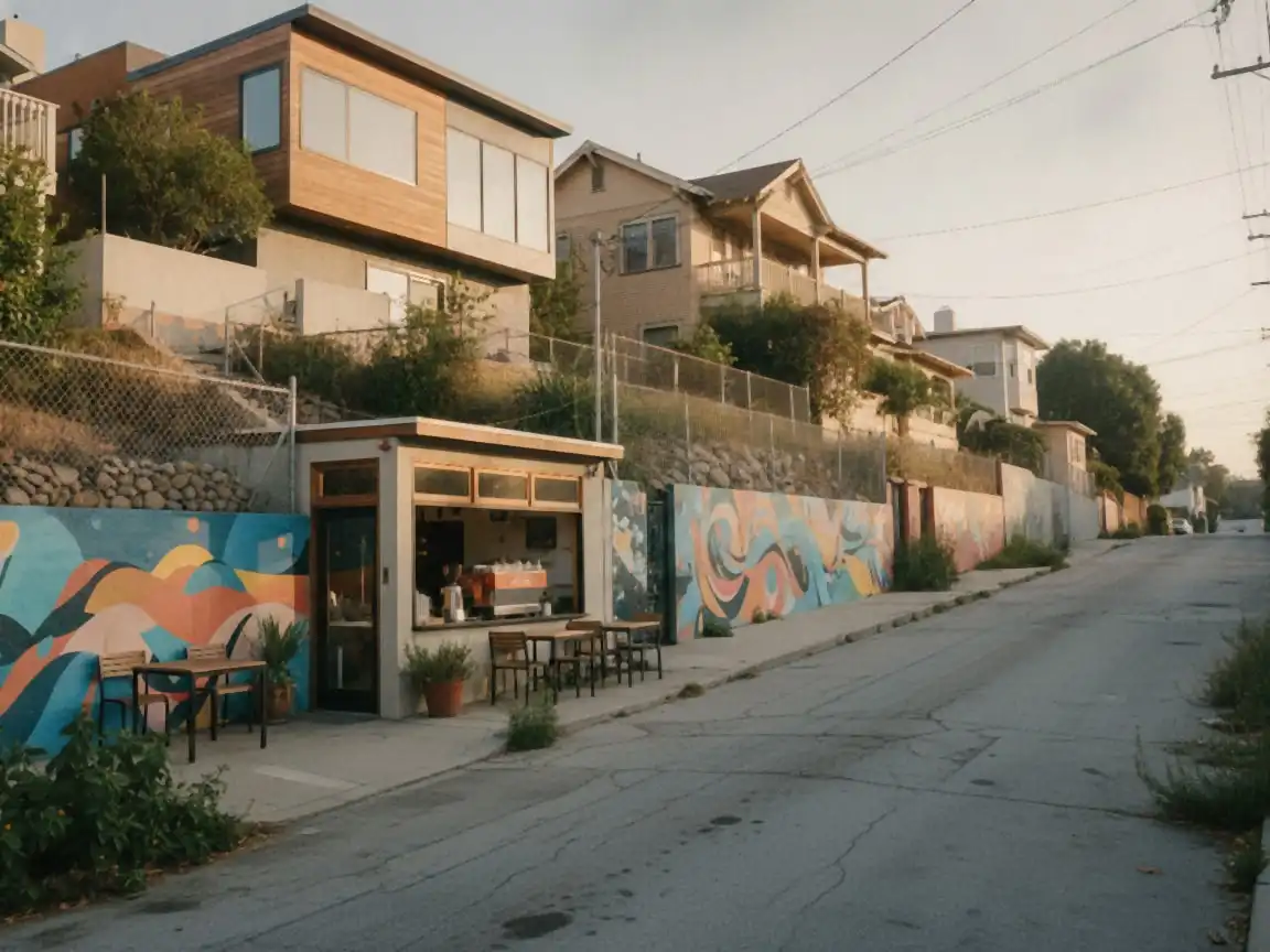 Silver Lake: hillside street of mid-century and Craftsman houses, cafe window with an espresso machine visible