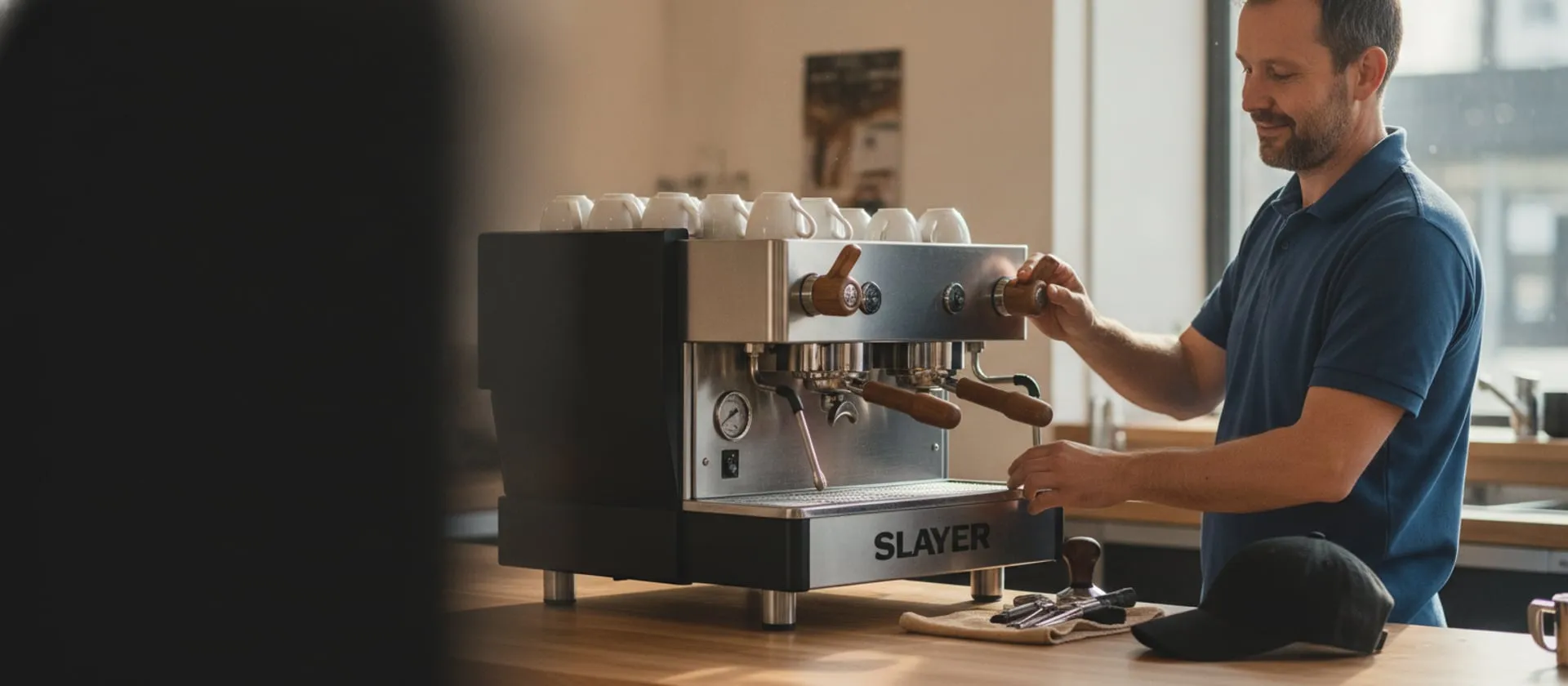 Slayer two-group machine on a cafe bar, technician at the paddle group; cap and tools on the counter