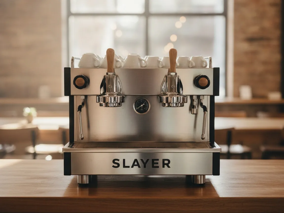 Slayer Espresso V3 alone on a cafe bar, straight-on frontal view, even light
