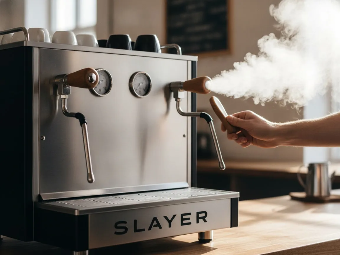 Hand turning the steam knob of a Slayer Espresso V3, steam coming from the wand tip