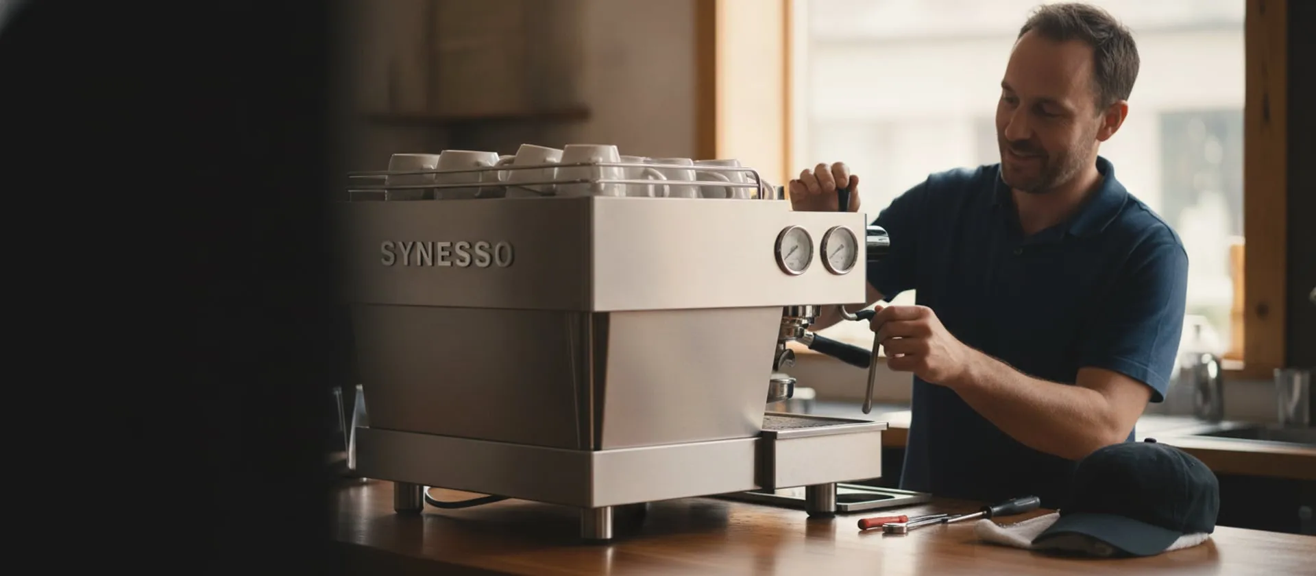 Synesso MVP on a cafe bar, technician at the group; cap and tools on the counter