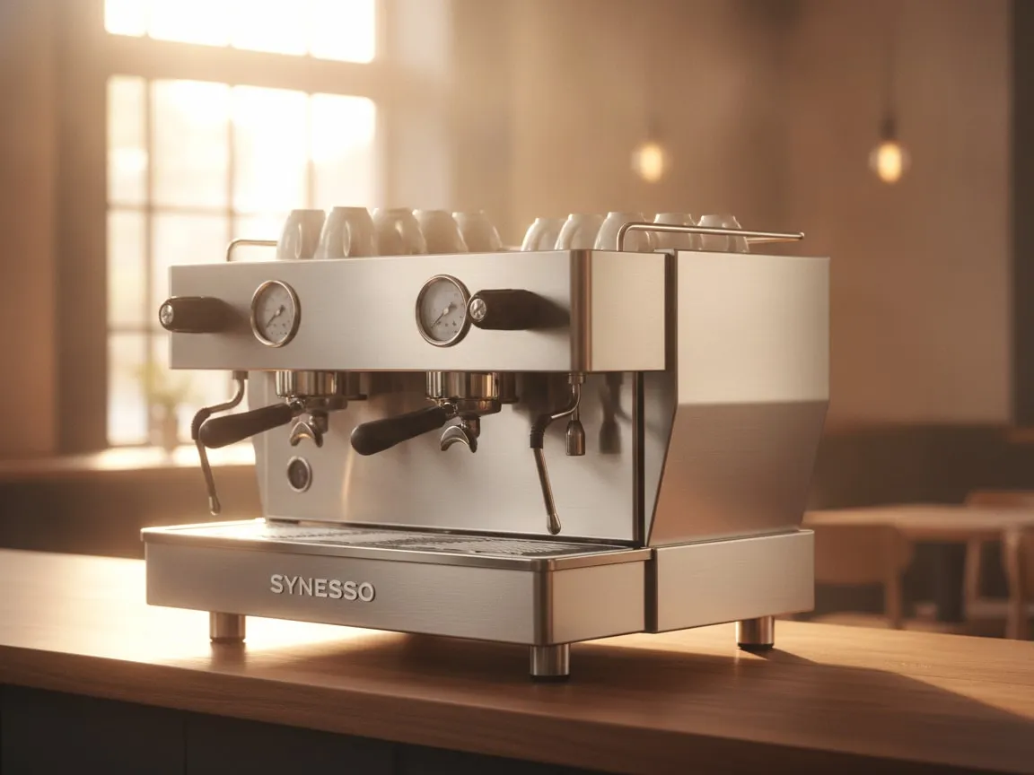 Synesso MVP Hydra alone on a cafe bar, three-quarter view from the left, backlit by a window