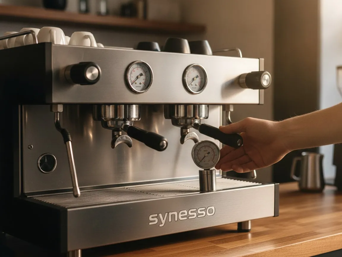 Hand holding a pressure gauge at the group of a Synesso MVP Hydra, needle visible