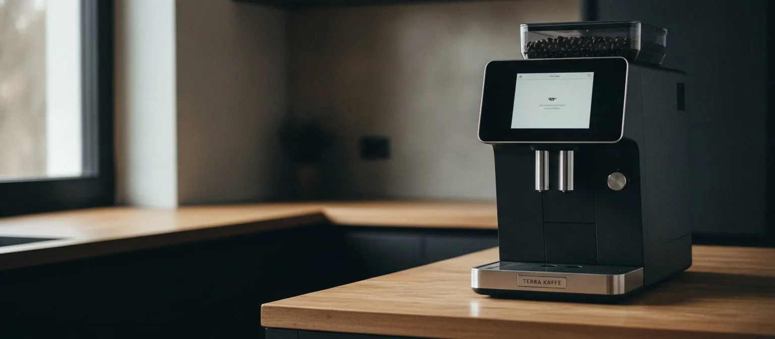 Matte black bean-to-cup coffee machine with a glass touchscreen and a small side dial, standing on a wooden kitchen counter