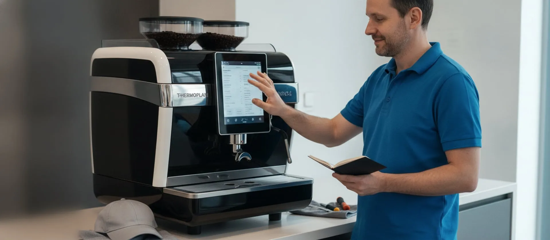Thermoplan Black&White 4 at an office coffee station, technician at the touchscreen; cap and tools on the counter